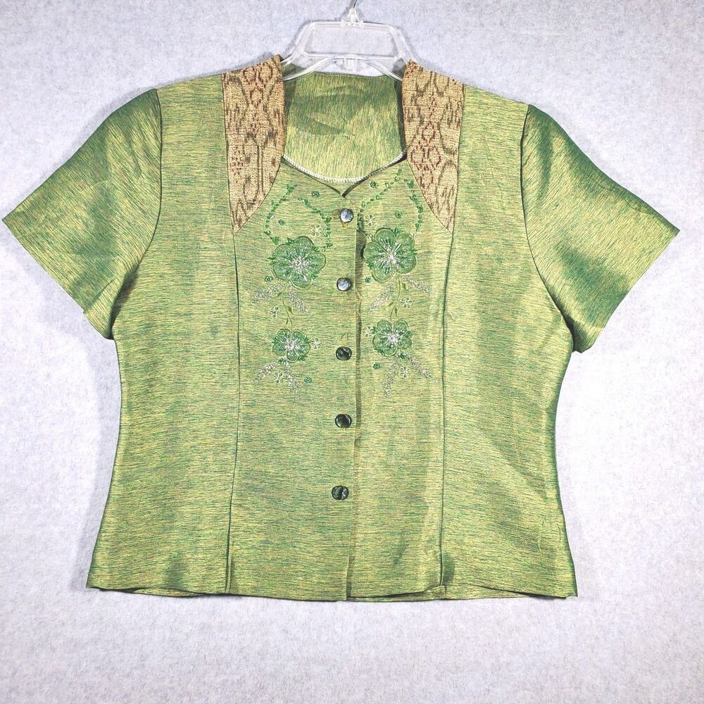 Vintage 90s Green Shantung Blouse Embroidered Beaded Shirt Blazer Festival Boho